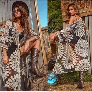 Boho Embroidered Sheer Mesh Tie Front Kimono Floral Black CreamFestival Longline